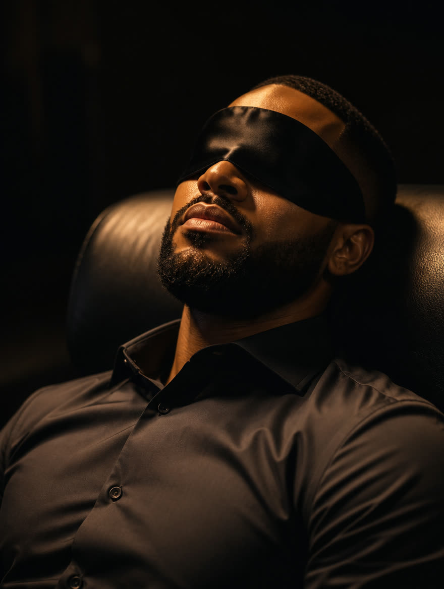A guest reclined in a lounge chair wearing a blindfold