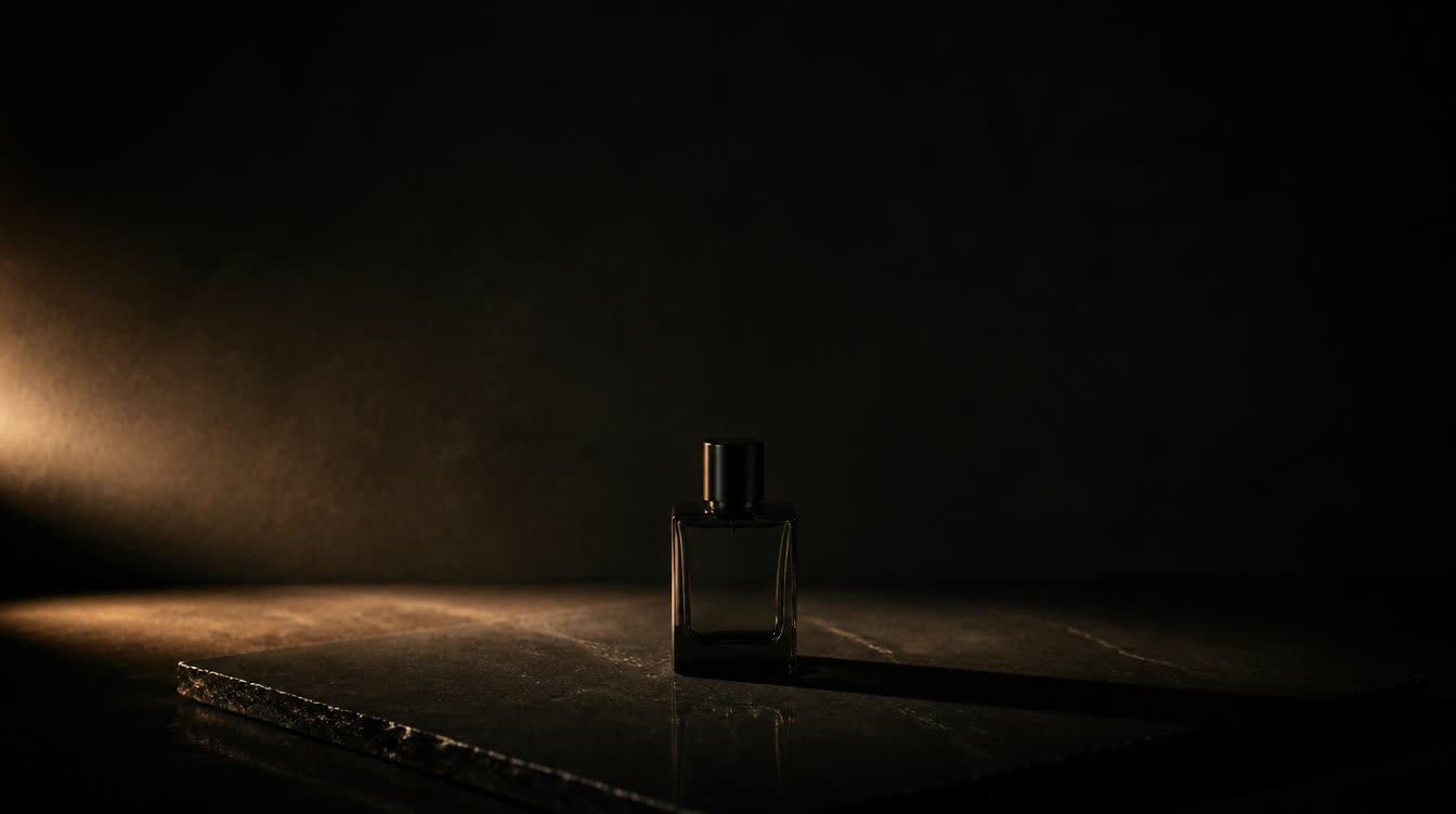A smoke-grey bottle casting a long shadow