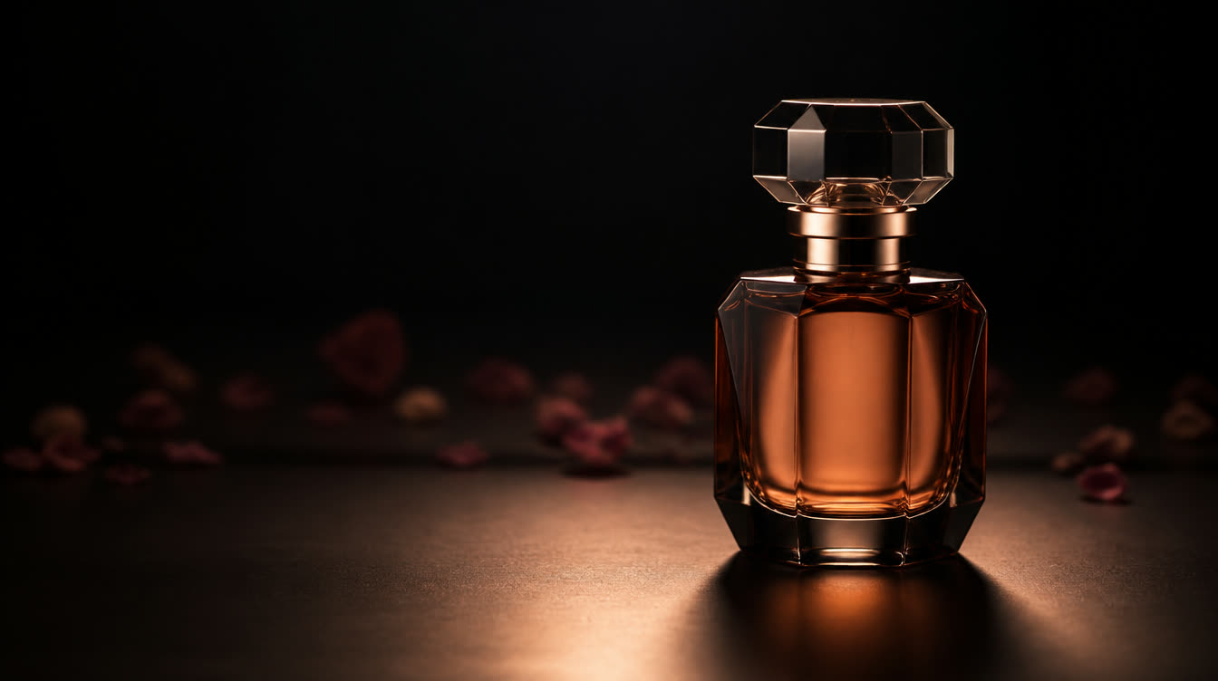 An amber bottle in a warm pool of light