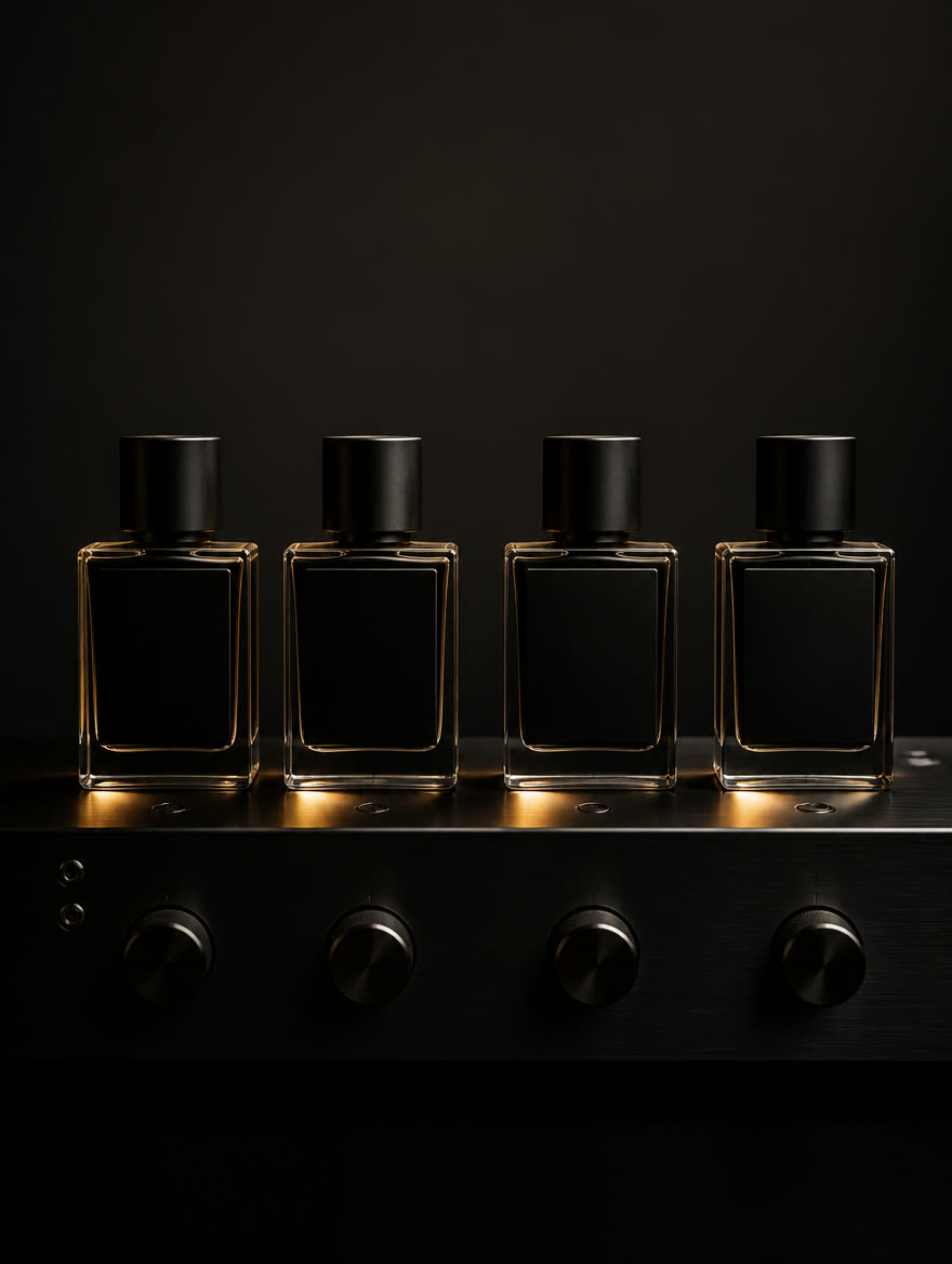 Four unlabelled bottles in a row