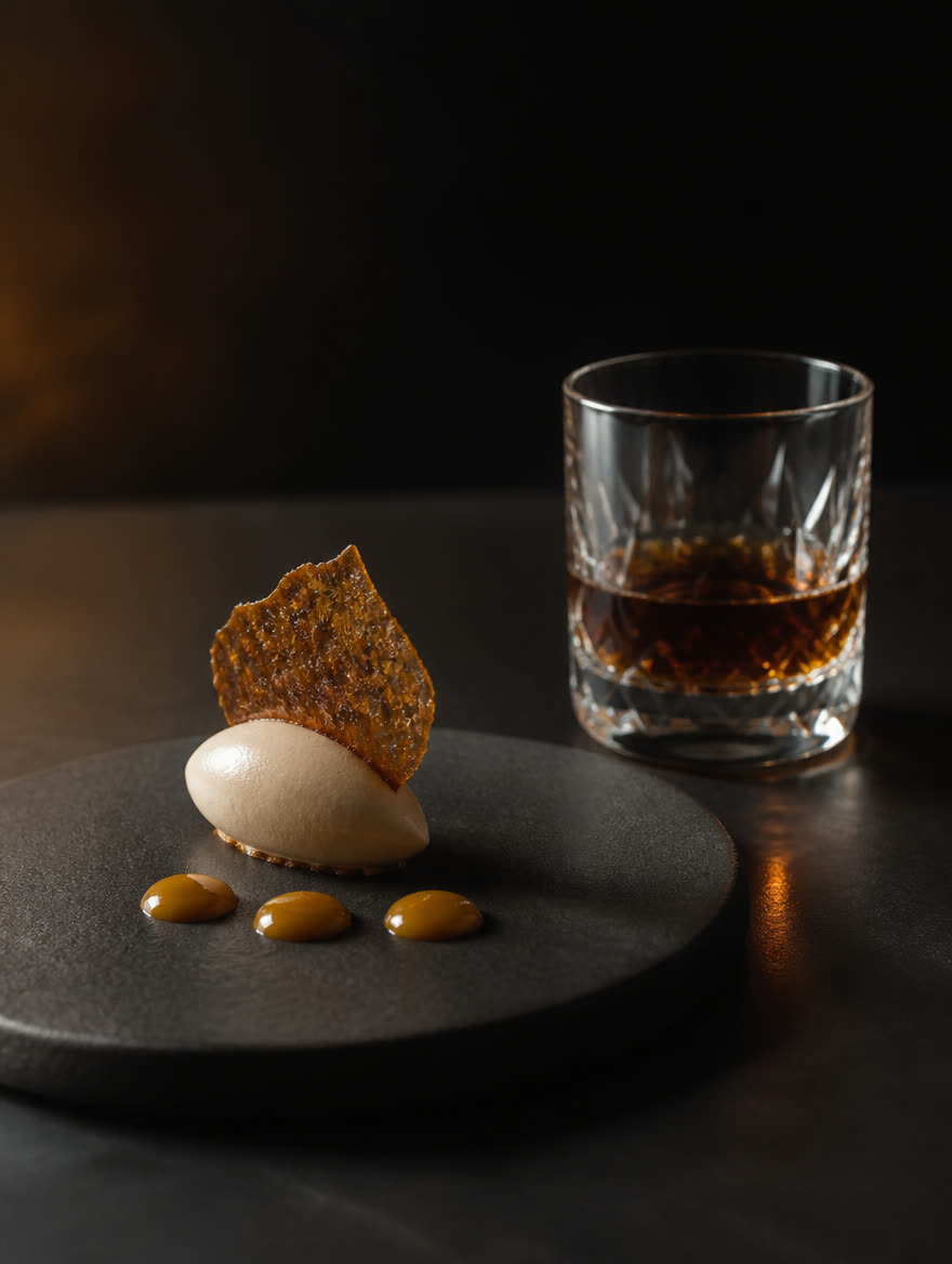 A plated dessert beside a small pour