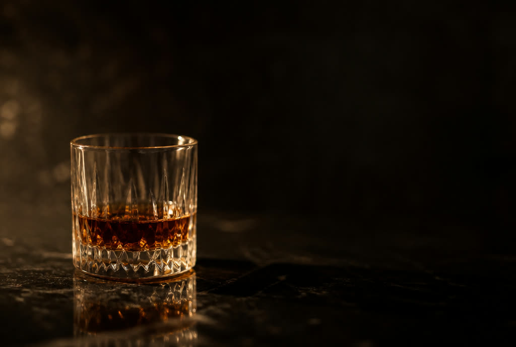 A measure of bourbon glowing in a crystal glass