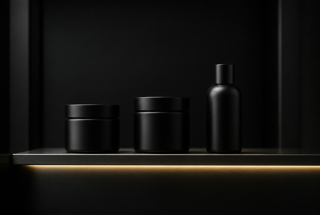 Unlabelled jars on an edge-lit shelf